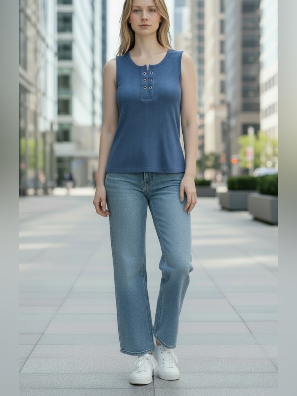 bobi Blue Ribbed Henley Tank